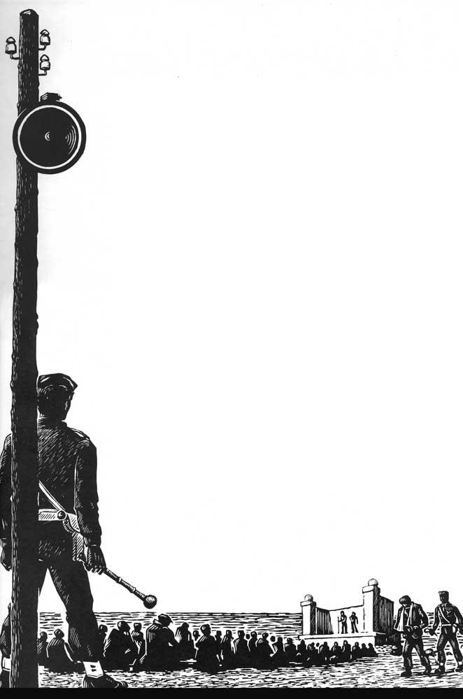 Etching by former political prisoner Giorgos Farsakidis. Loudspeaker detail, Makronissos 1949–1950 (Athens, 1965)