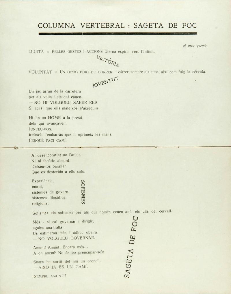Joan Salvat-Papasseit. “Columna vertebral: sageta de foc” en Poemes para hondes hertianes. 1919.- Biblioteca Nacional de Catalunya, Barcelona. 
