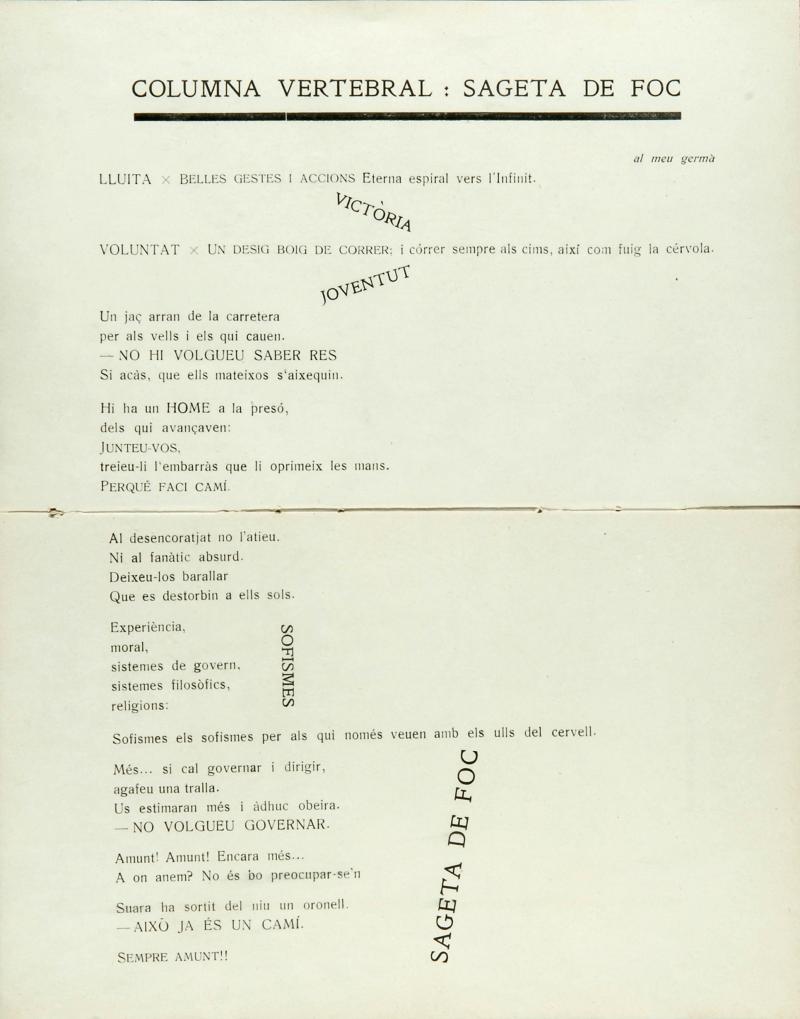 Joan Salvat-Papasseit. “Columna vertebral: sageta de foc” en Poemes para hondes hertianes. 1919.- Biblioteca Nacional de Catalunya, Barcelona. Joan Salvat-Papasseit. “Columna vertebral: sageta de foc” en Poemes para hondes hertianes. 1919.- Biblioteca Nacional de Catalunya, Barcelona.