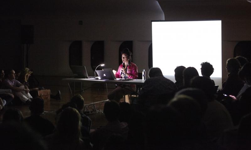 Hito Steyerl performing Eye Explosion at Museo Reina Sofía, november 2015 Hito Steyerl performing Eye Explosion at Museo Reina Sofía, november 2015