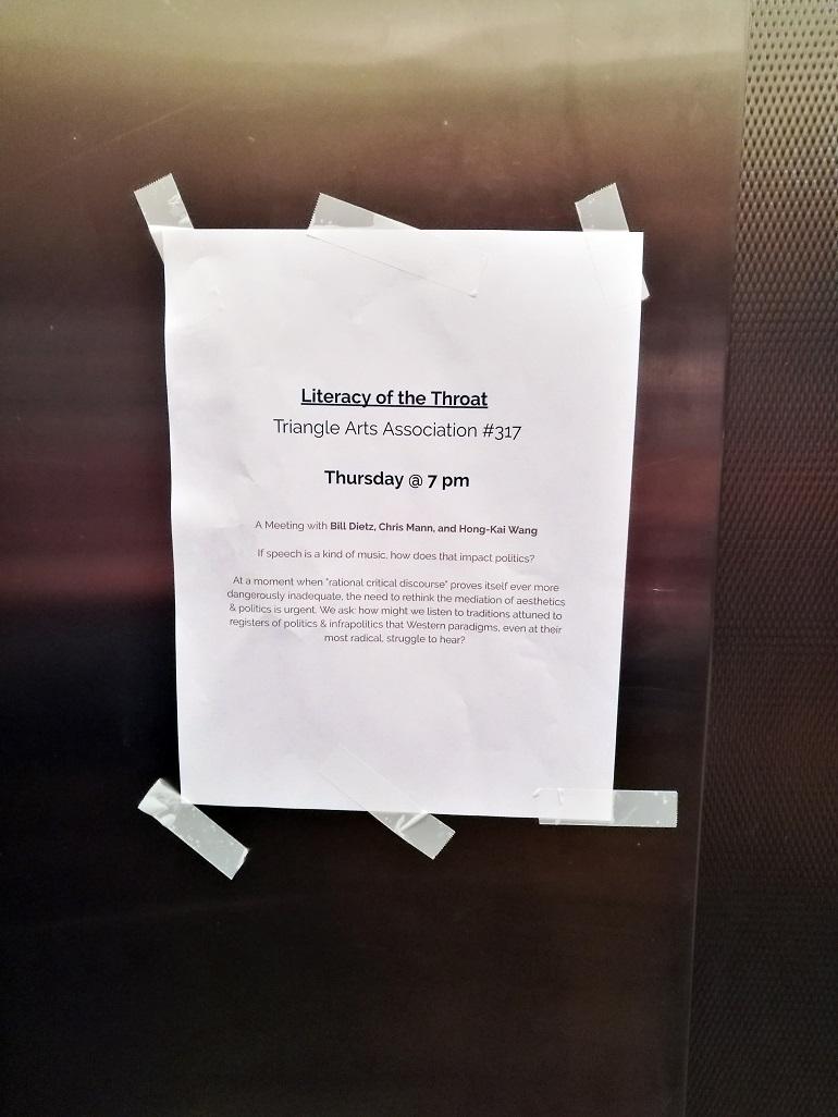 02: Anuncio informal de la sesión de Dietz, Wang y Chris Mann, titulada “Literacy of the Throat” (‘La alfabetización de la garganta’), celebrada el 9 de agosto de 2018 en la Triangle Arts Association (Nueva York)