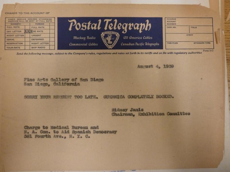 Telegrama de Sidney Janis a la Fine Arts Gallery of San Diego, 4 de agosto de 1939. Rare Book & Manuscript Library, Columbia University in the City of New York Telegrama de Sidney Janis a la Fine Arts Gallery of San Diego, 4 de agosto de 1939. Rare Book & Manuscript Library, Columbia University in the City of New York