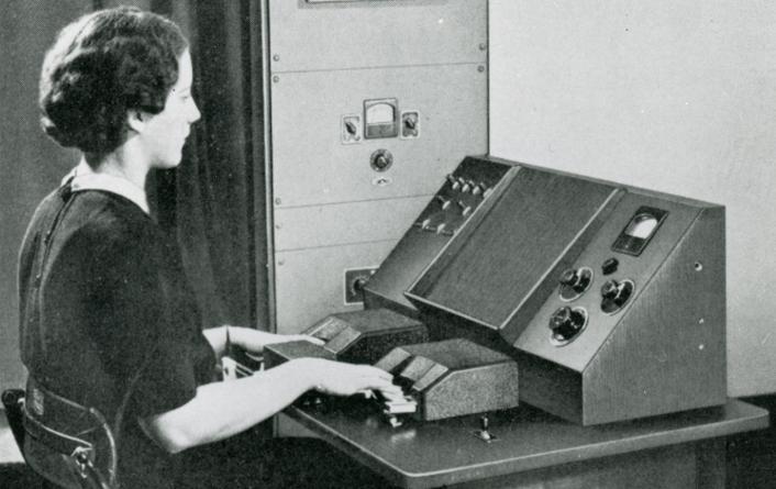 Helen Harper practicing with Voder The Etude. Music Magazine, September 1939