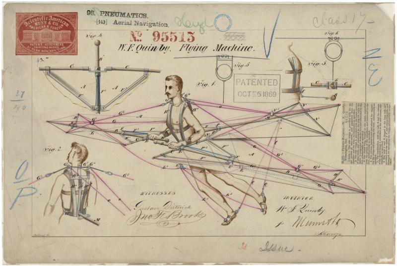 W.F. Quinby. Dibujo de la patente de una máquina voladora © Catálogo de los Archivos Nacionales de EE. UU.