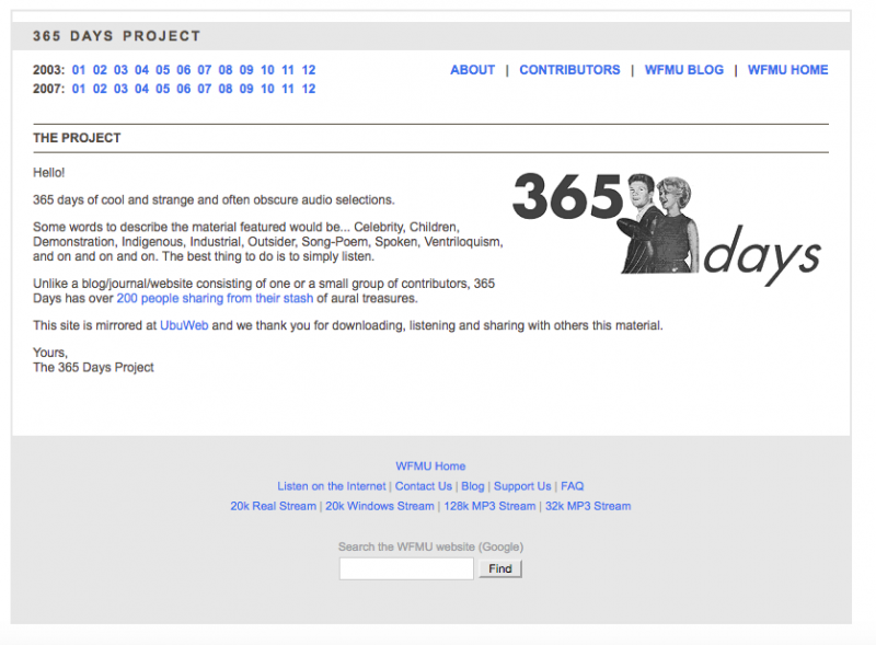 Proyecto "365 Days Project" alojado en la web de la radio WFMU